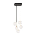 Lampa wisząca Nilos z pięcioma przezroczystymi kulami na czarnych przewodach, zawieszona na okrągłej podstawie. Elementy metalowe w kolorze złotym. Idealna do nowoczesnych wnętrz.