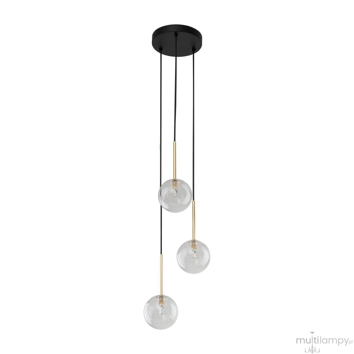Lampa wisząca Nilos z trzema kloszami G9, w kolorze czarnym i transparentnym. Klosze w formie szklanych kul zawieszone na złotych prętach, montowana na okrągłej podstawie. Wisi pod kątem, tworząc nowoczesny akcent w pomieszczeniu.