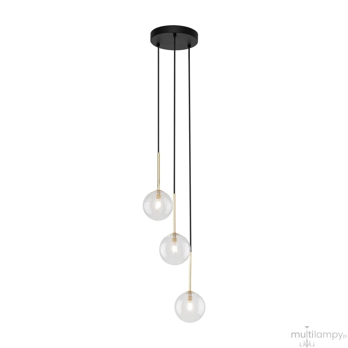 Lampa wisząca Nilos z trzema kloszami G9. Klosze w kształcie kul, transparentne, zawieszone na cienkich czarnych linkach. Czarna podsufitka z metalowym wykończeniem. Elegancki design, idealna do nowoczesnych wnętrz.
