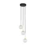 Lampa wisząca Nilos z trzema kloszami G9. Klosze w kształcie kul, transparentne, zawieszone na cienkich czarnych linkach. Czarna podsufitka z metalowym wykończeniem. Elegancki design, idealna do nowoczesnych wnętrz.