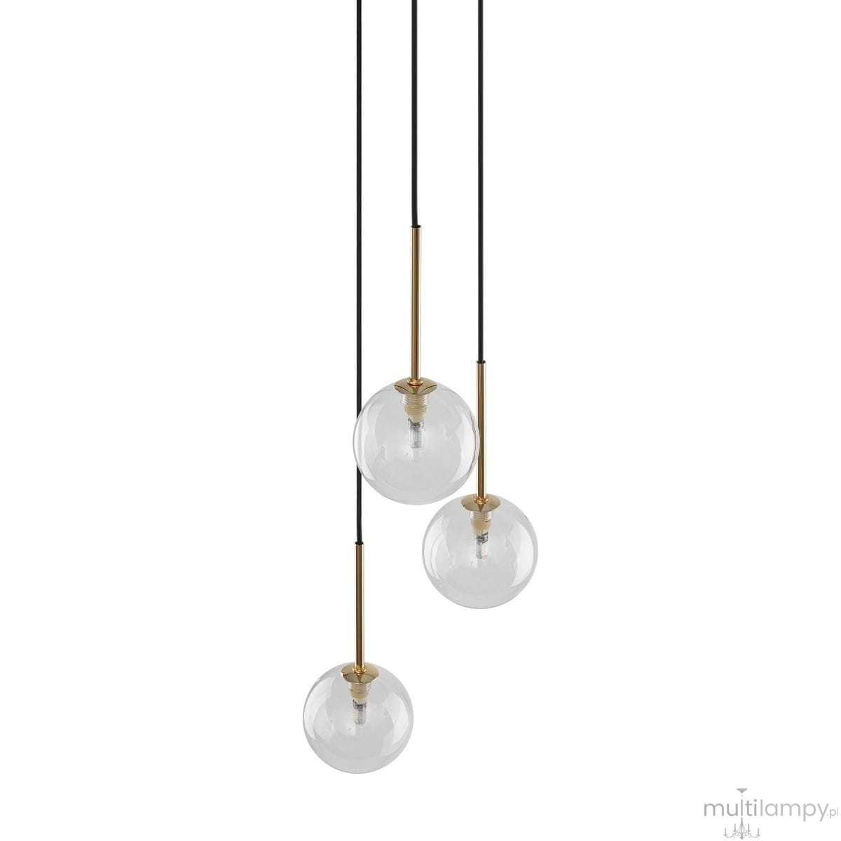 Lampa wisząca Nilos 3xG9, czarna z przezroczystymi kloszami. Trzy kuliste klosze zawieszone na czarnych przewodach, z metalowymi elementami w kolorze złotym. Ujęcie frontalne, produkt wisi w powietrzu, na jasnym tle.