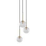 Lampa wisząca Nilos 3xG9, czarna z przezroczystymi kloszami. Trzy kuliste klosze zawieszone na czarnych przewodach, z metalowymi elementami w kolorze złotym. Ujęcie frontalne, produkt wisi w powietrzu, na jasnym tle.