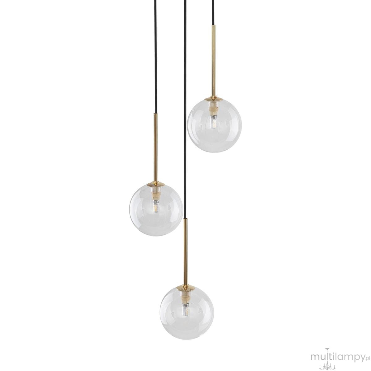 Lampa wisząca Nilos z trzema przezroczystymi kulistymi kloszami na złotych uchwytach, zawieszona na czarnych kablach. Klosze mają widoczne oprawy G9, tworząc nowoczesny efekt świetlny. Produkt wisi w pozycji pionowej na prostym tle.