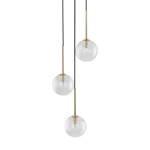 Lampa wisząca Nilos z trzema przezroczystymi kulistymi kloszami na złotych uchwytach, zawieszona na czarnych kablach. Klosze mają widoczne oprawy G9, tworząc nowoczesny efekt świetlny. Produkt wisi w pozycji pionowej na prostym tle.