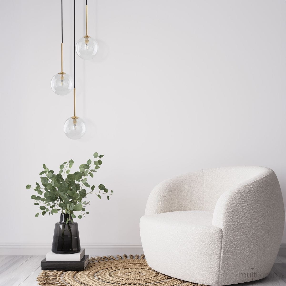 Lampa wisząca Nilos 3xG9 w kolorze czarnym i transparentnym, z trzema szklanymi kloszami zawieszonymi na cienkich, czarnych przewodach. Produkt umieszczony w minimalistycznym wnętrzu obok białego fotela i rośliny w czarnym wazonie.