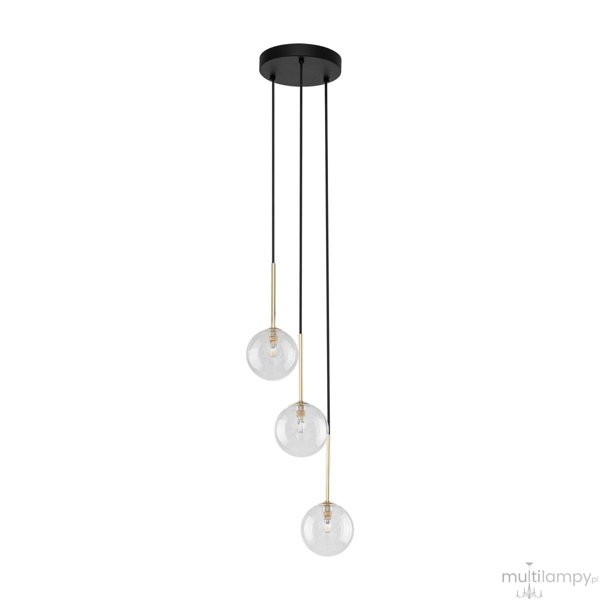 Lampa wisząca Nilos z trzema źródłami światła G9, czarna oprawa z transparentnymi kloszami w kształcie kul. Ułożona w pionie, z długimi przewodami, zawieszona pod sufitem. Minimalistyczny design, idealna do nowoczesnych wnętrz.