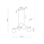 Lampa wisząca Estera z pięcioma oprawami G9. Konstrukcja w brązowym kolorze z bursztynowymi kulami o średnicy 120 mm. Wymiary: wysokość 1200 mm, szerokość 650 mm, długość stelaża 270 mm. Zawieszona na regulowanych linkach.