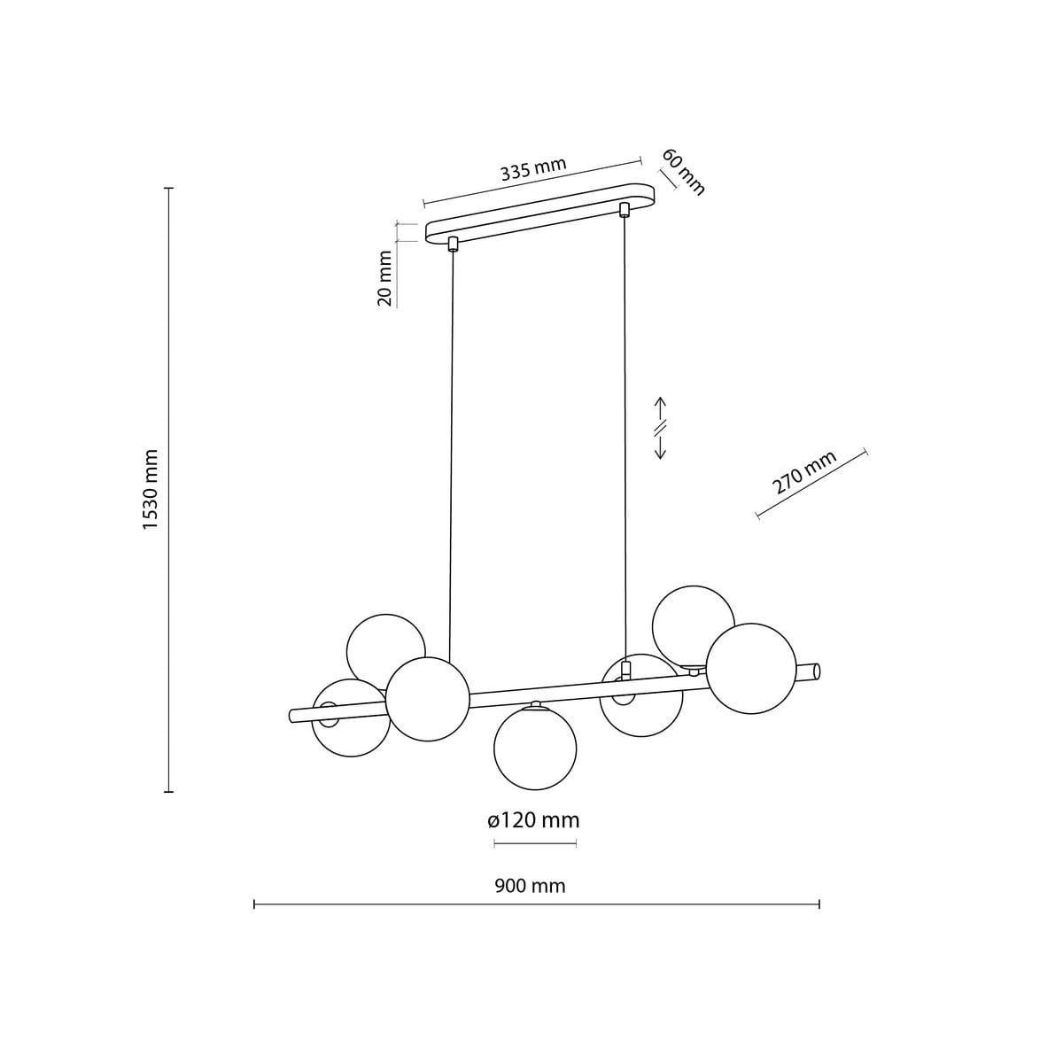 Lampa wisząca Estera 7xG9 w kolorze brązowym i bursztynowym, z okrągłymi kloszami o średnicy 120 mm, zawieszona na prostokątnej podstawie. Wymiary: długość 900 mm, wysokość 1530 mm, regulowana wysokość do 270 mm.
