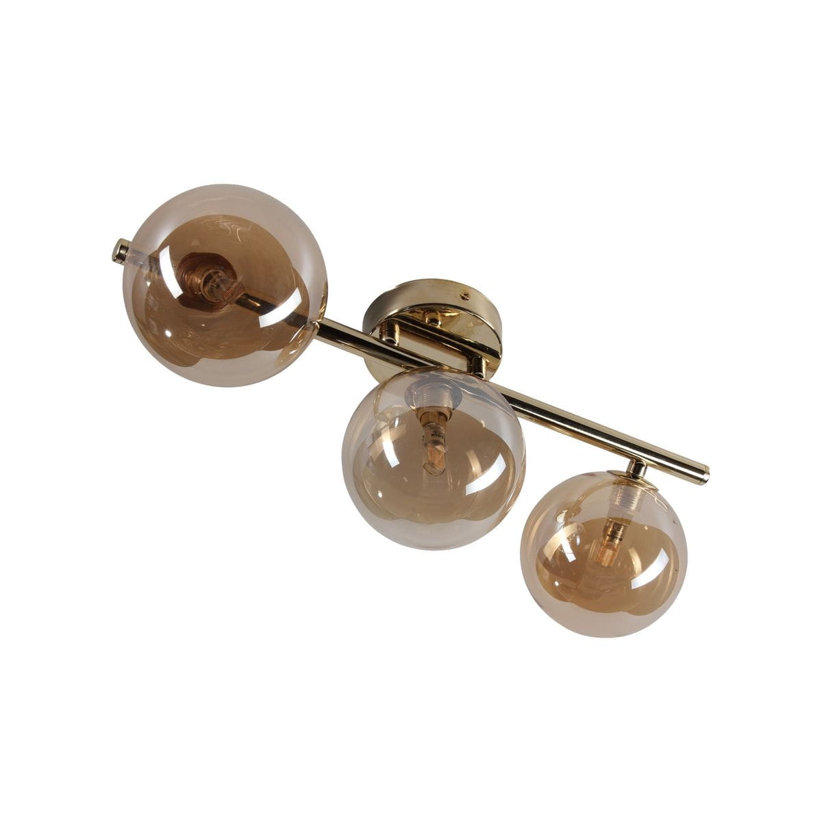 Lampa sufitowa Estera w kolorze złotym z trzema bursztynowymi kulistymi kloszami. Ujęcie z dołu, ukazujące równomiernie rozmieszczone klosze na metalowej ramie. Klosze transparentne, o zaokrąglonym kształcie, montowane na prostokątnej podstawie.