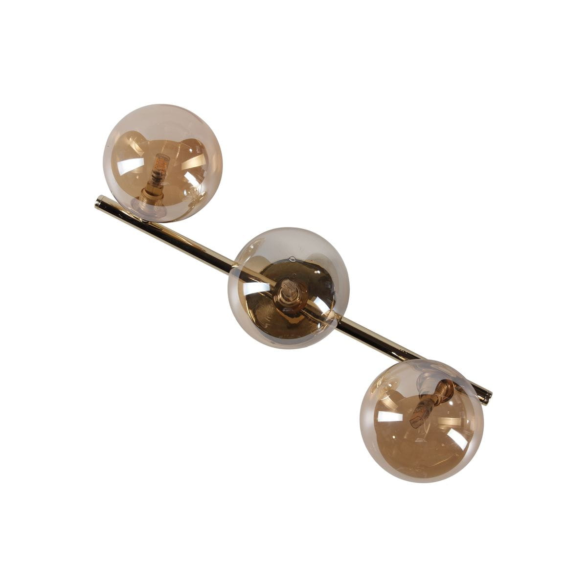 Złota lampa sufitowa Estera z trzema bursztynowymi kulami, umieszczona na prostym metalowym stelażu. Kule w kształcie sfery z przezroczystego materiału, widoczne miejsce na żarówki G9. Ujęcie z góry, ukazujące całość konstrukcji.