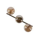 Złota lampa sufitowa Estera z trzema bursztynowymi kulami, umieszczona na prostym metalowym stelażu. Kule w kształcie sfery z przezroczystego materiału, widoczne miejsce na żarówki G9. Ujęcie z góry, ukazujące całość konstrukcji.