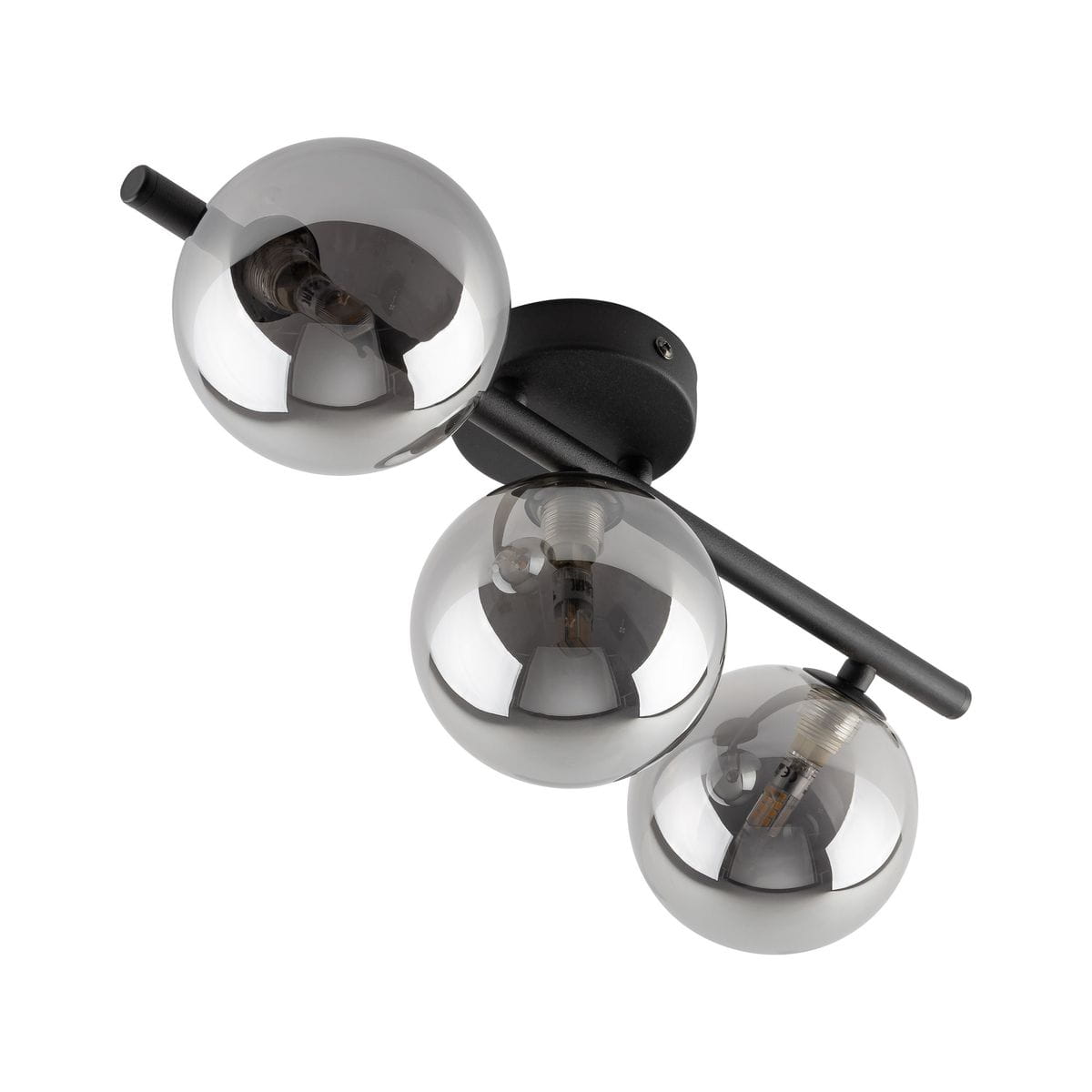 Lampa sufitowa Estera 3xG9 w kolorze czarnym i grafitowym. Składa się z trzech szklanych kul o lustrzanej powierzchni, zamontowanych na prostym, czarnym ramieniu. Ujęcie z góry, ukazujące detale konstrukcji.