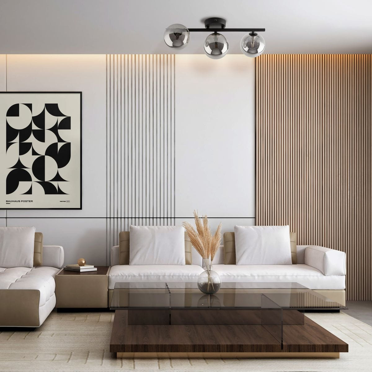 Lampa sufitowa Estera 3xG9 w kolorze czarnym i grafitowym. Posiada trzy szklane klosze z połyskiem, zamontowana na prostym stelażu. Ujęcie z góry, w kontekście nowoczesnego wnętrza z sofą i stolikiem kawowym.