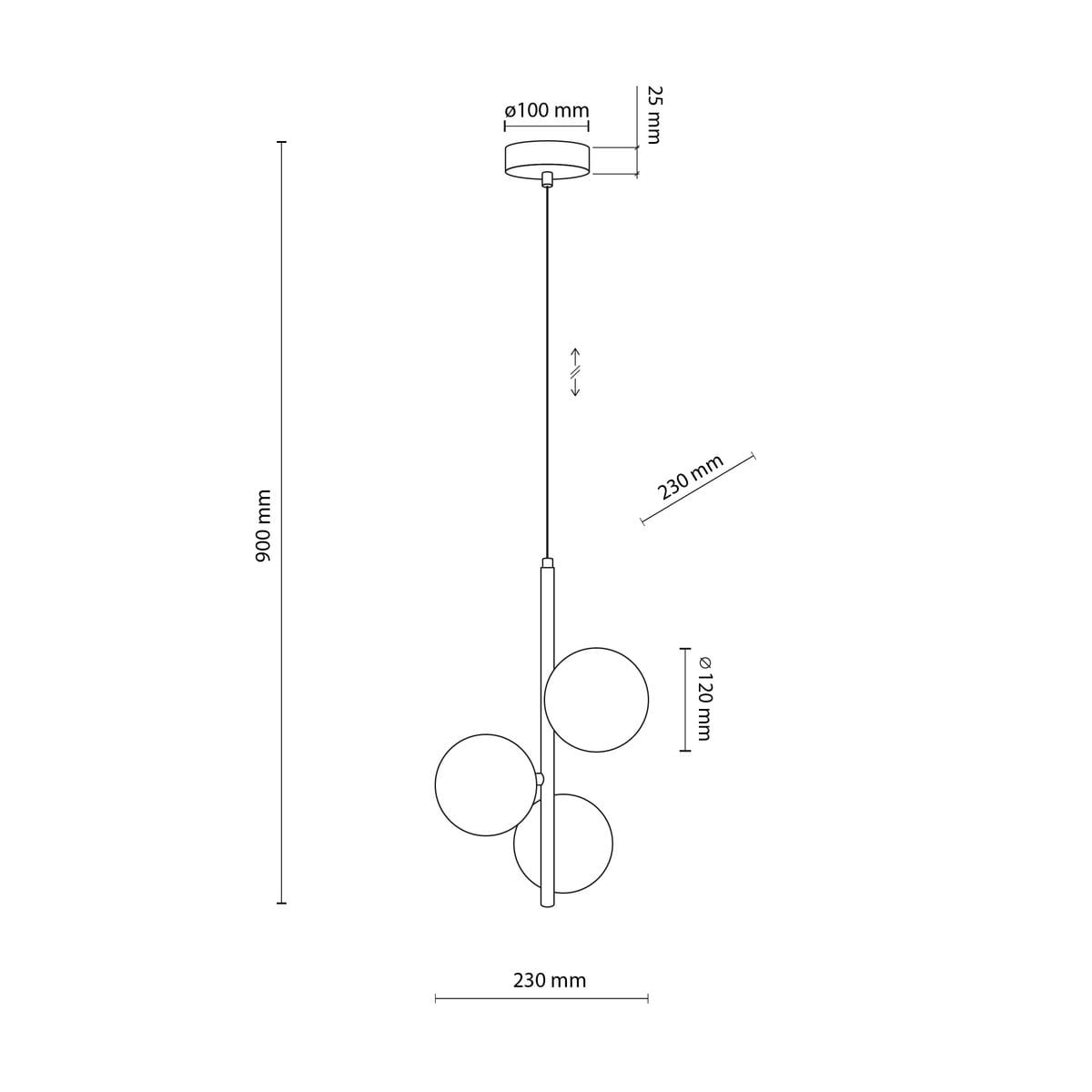 Lampa wisząca Estera 3xG9 w kolorze czarnym i grafitowym. Posiada trzy okrągłe klosze o średnicy 120 mm, zawieszone na cienkim kablu o długości 900 mm. Wymiary podstawy: średnica 100 mm, wysokość 25 mm. Ułożona pionowo, z detalami konstrukcyjnymi.