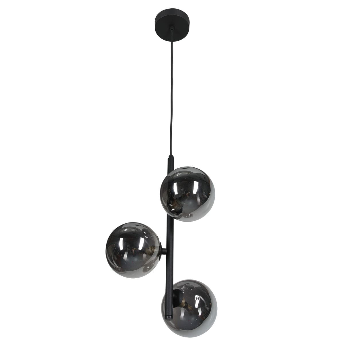 Lampa wisząca Estera z trzema kulistymi kloszami w kolorze czarnym i grafitowym, zawieszona na cienkim przewodzie. Klosze mają połyskującą, szklaną powierzchnię, a całość ma nowoczesny, minimalistyczny design.