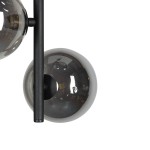 Lampa wisząca Estera w kolorze czarnym i grafitowym, z trzema kulistymi kloszami w odcieniu szaro-przezroczystym. Ujęcie z góry, pokazujące detal łączenia kloszy z metalową konstrukcją. Klosze umieszczone na poziomej linii, elegancki design.