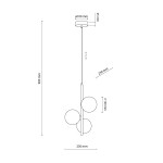 Lampa wisząca Estera 3xG9 w kolorze złotym i bursztynowym, z trzema kulistymi kloszami, zawieszona na cienkim przewodzie. Wymiary: wysokość 900 mm, średnica kloszy 120 mm, średnica sufitu 100 mm. Prosta, nowoczesna forma idealna do wnętrz.