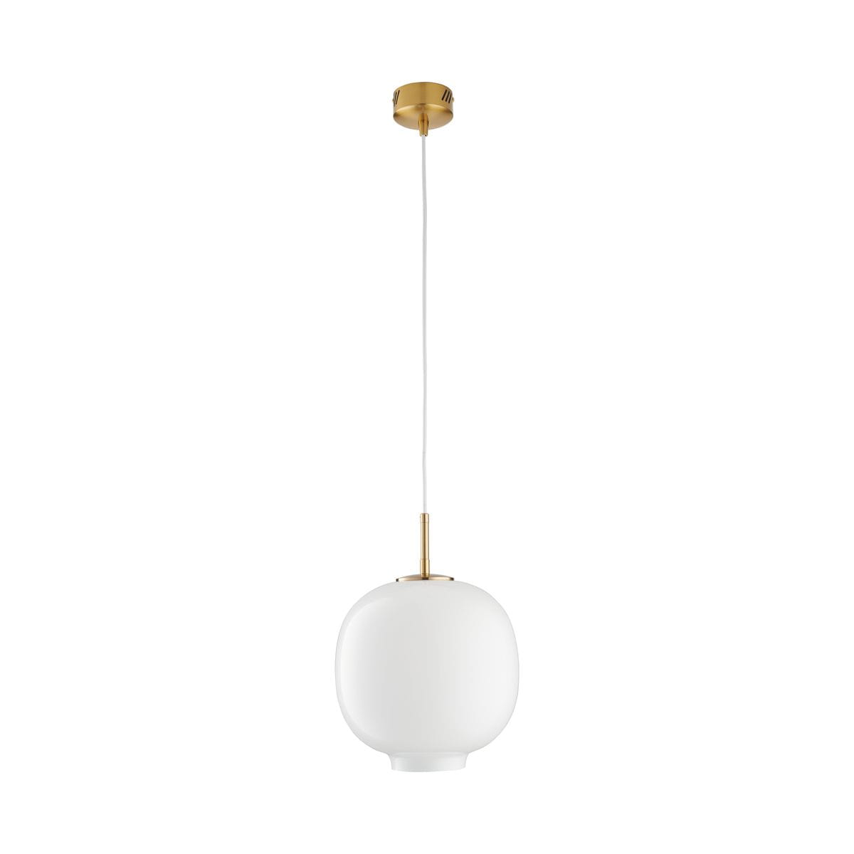 Lampa wisząca Boni D25 z jednym gniazdem E27, wykonana z mosiądzu i białego szkła. Okrągła, matowa klosz zawieszony na białym przewodzie. Złoty uchwyt montażowy na suficie. Prosty, nowoczesny design.