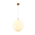 Lampa wisząca Boni D35 z mosiężnym wykończeniem i białym kloszem w kształcie kuli, zawieszona na białym przewodzie. Produkt ma pojedynczy gwint E27, idealny do nowoczesnych wnętrz.