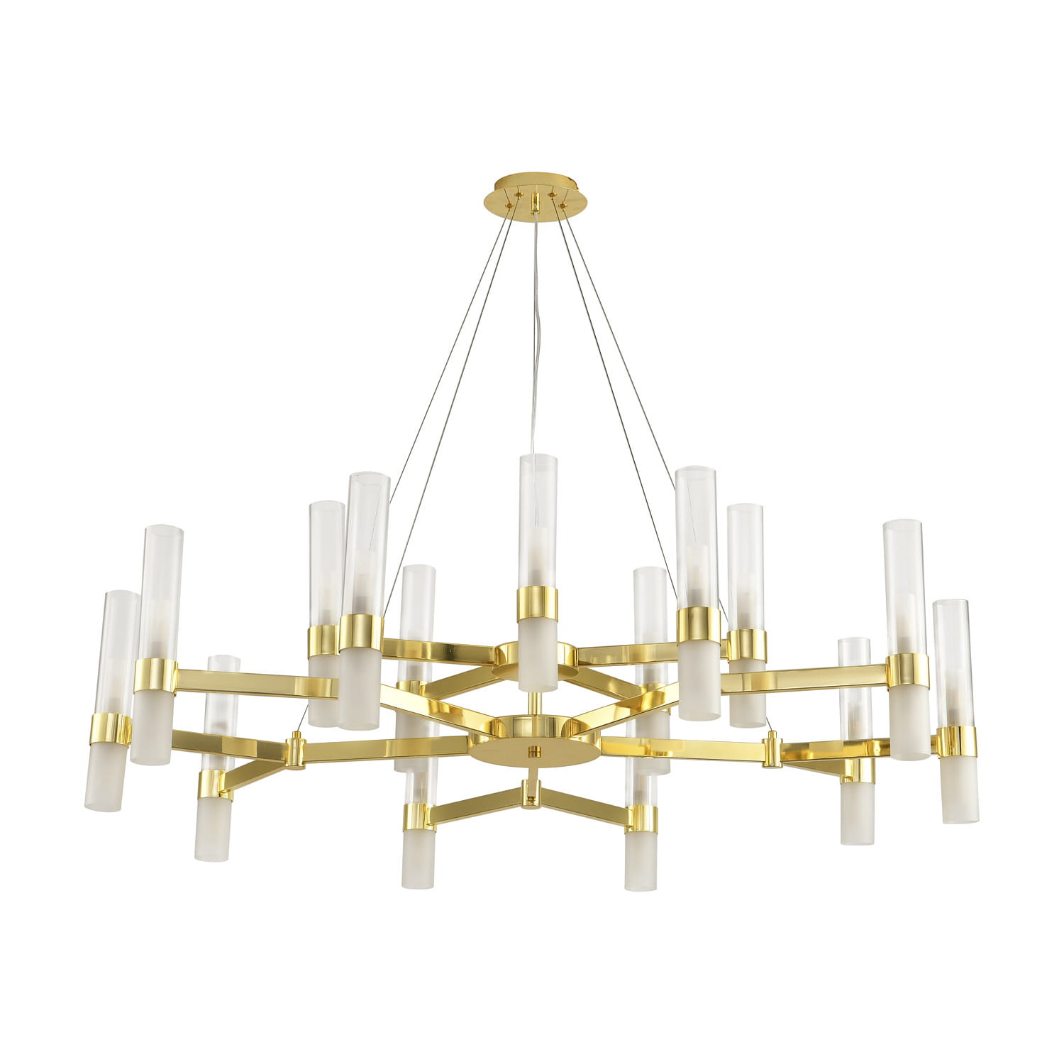 Lampa wisząca Candela DN1505-15 w kolorze złotym, z 30 gwintami G9. Konstrukcja z metalowymi ramionami i cylindrycznymi kloszami z matowego szkła, zawieszona na cienkich linkach. Frontalne ujęcie, na białym tle.