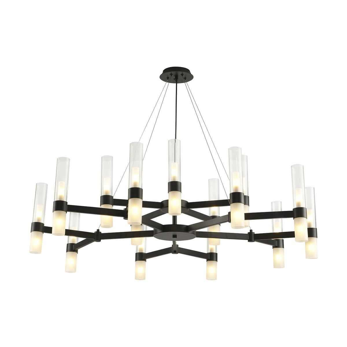 Lampa wisząca Candela w kolorze czarnym, z 30 miejscami na żarówki G9. Konstrukcja z metalowych ramion w geometrycznym układzie z przezroczystymi kloszami, zawieszona na cienkich linkach, prezentująca nowoczesny design.