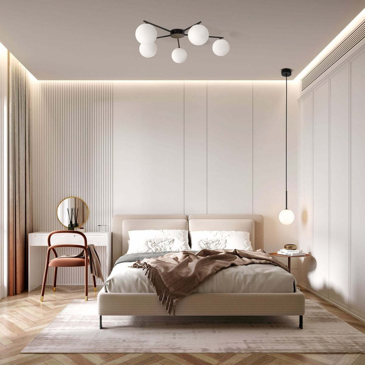 Lampa wisząca Martin 1xG9 w kolorze czarnym, z pięcioma białymi kulistymi kloszami, zawieszona w nowoczesnej sypialni z jasnymi ścianami i drewnianą podłogą. Oświetlenie centralne, styl minimalistyczny.