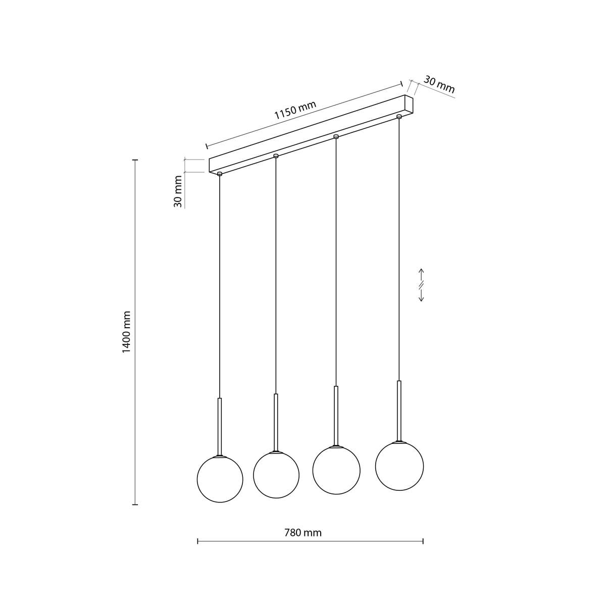 Lampa wisząca Martin 4xG9 w kolorze czarnym, składająca się z czterech kulistych kloszy zawieszonych na cienkich linkach. Wymiary: szerokość 1150 mm, długość 780 mm, wysokość 1400 mm. Prosty, nowoczesny design.