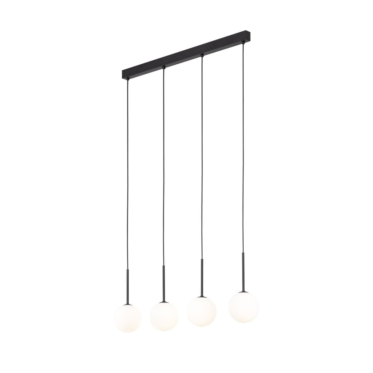 Lampa wisząca Martin z czarnym stelażem, zawieszona na czterech cienkich linkach. Posiada cztery okrągłe klosze z białego szkła, równomiernie rozmieszczone, tworzące nowoczesny design. Idealna do oświetlenia wnętrz.