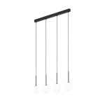 Lampa wisząca Martin z czarnym stelażem, zawieszona na czterech cienkich linkach. Posiada cztery okrągłe klosze z białego szkła, równomiernie rozmieszczone, tworzące nowoczesny design. Idealna do oświetlenia wnętrz.