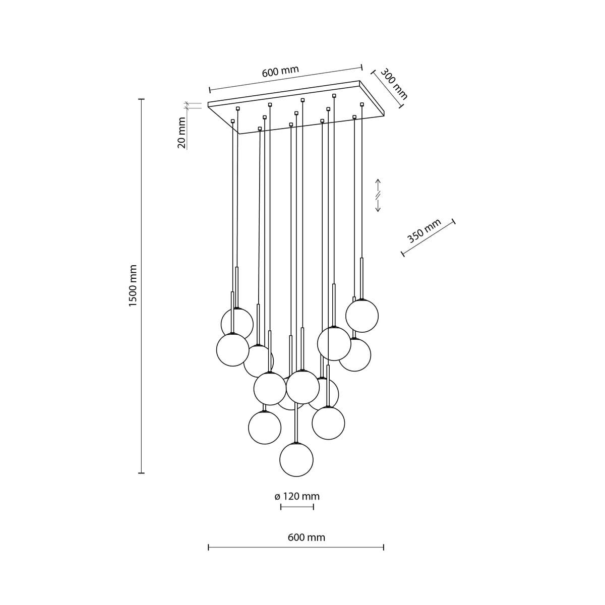 Lampa wisząca Martin w kolorze czarnym z 13 źródłami światła G9. Posiada prostokątny sufitowy uchwyt o wymiarach 600x300 mm oraz 13 okrągłych kloszy o średnicy 120 mm, zawieszonych na różnych wysokościach. Całkowita długość 1500 mm.