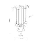 Lampa wisząca Martin w kolorze czarnym z 13 źródłami światła G9. Posiada prostokątny sufitowy uchwyt o wymiarach 600x300 mm oraz 13 okrągłych kloszy o średnicy 120 mm, zawieszonych na różnych wysokościach. Całkowita długość 1500 mm.