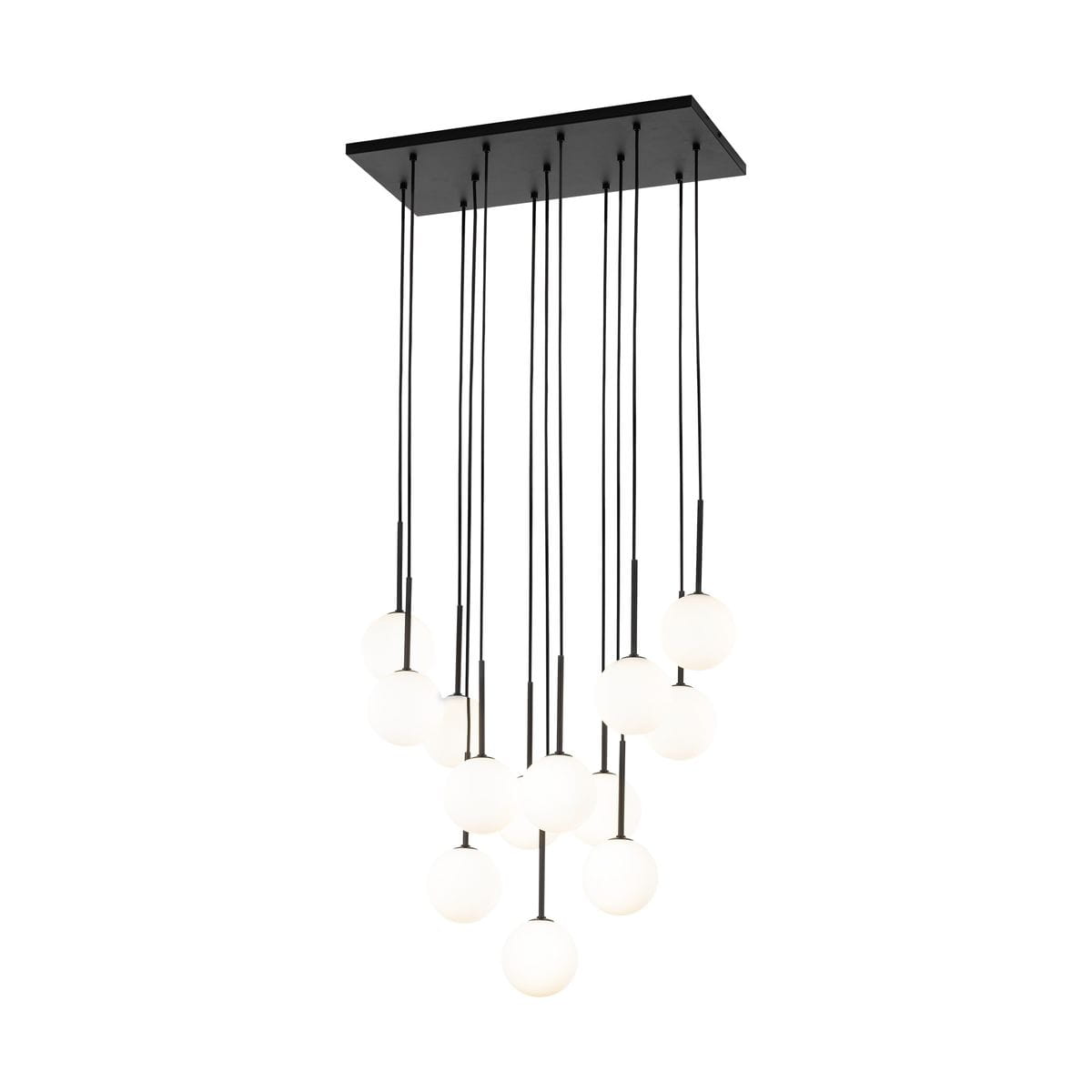 Lampa wisząca Martin z 13 kulistymi źródłami światła G9, zawieszona na cienkich czarnych przewodach. Posiada kwadratową, czarną podstawę sufitową. Świecące białe klosze tworzą nowoczesny efekt świetlny.