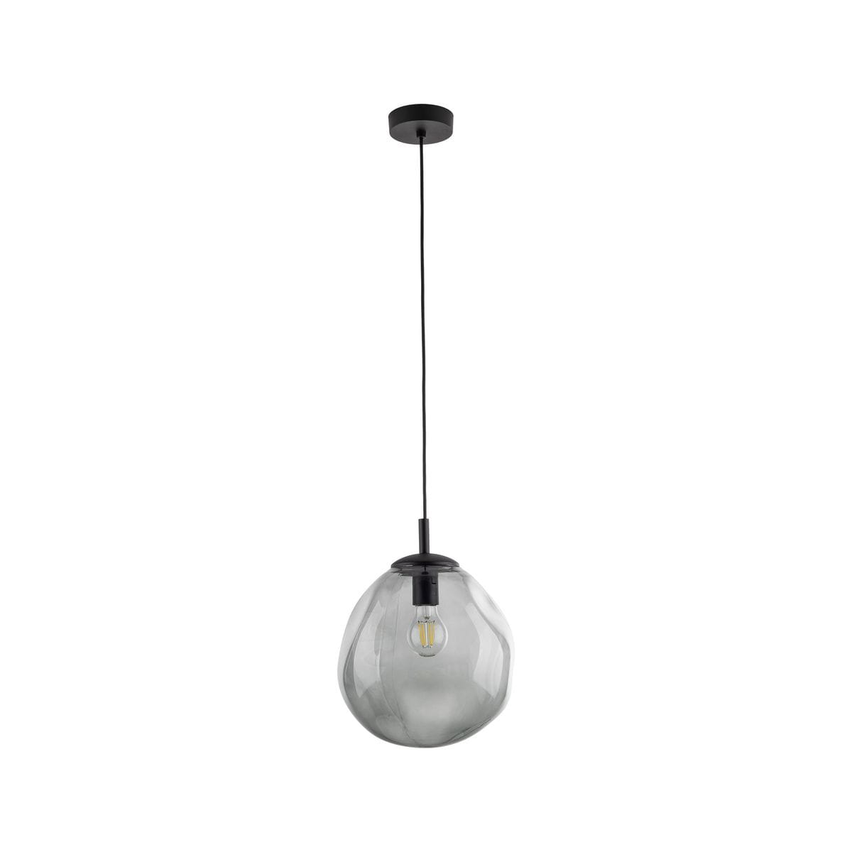 Lampa wisząca Sol D25 z czarnym metalowym stelażem i grafitowym, przezroczystym kloszem w kształcie kuli. Zawieszona na czarnym przewodzie, z widoczną żarówką E27. Prosta forma, idealna do nowoczesnych wnętrz.