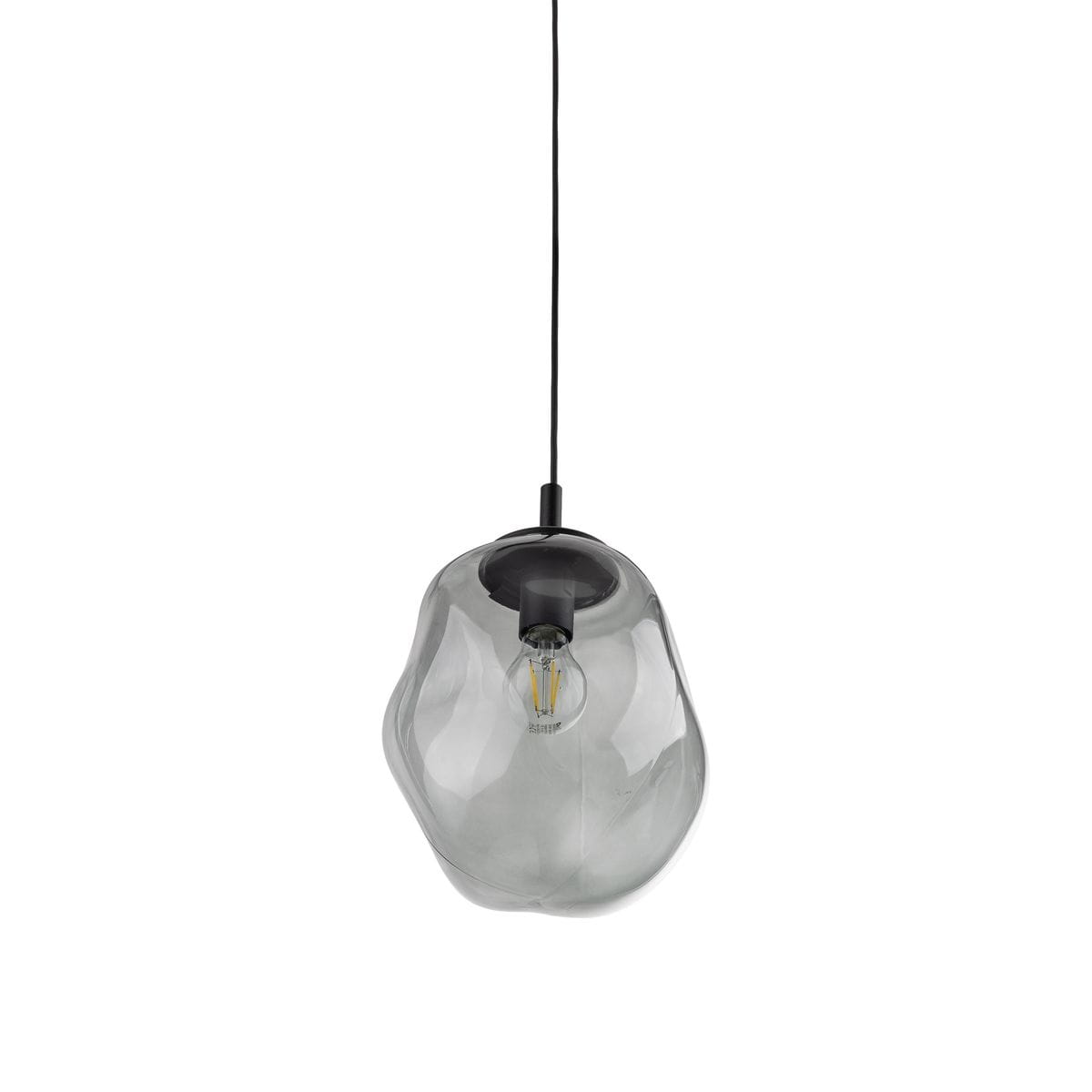 Lampa wisząca Sol D25 w kolorze czarnym i grafitowym, z jednym źródłem światła E27. Szklany klosz o organicznym kształcie, zawieszony na cienkim czarnym przewodzie, z metalowym mocowaniem.