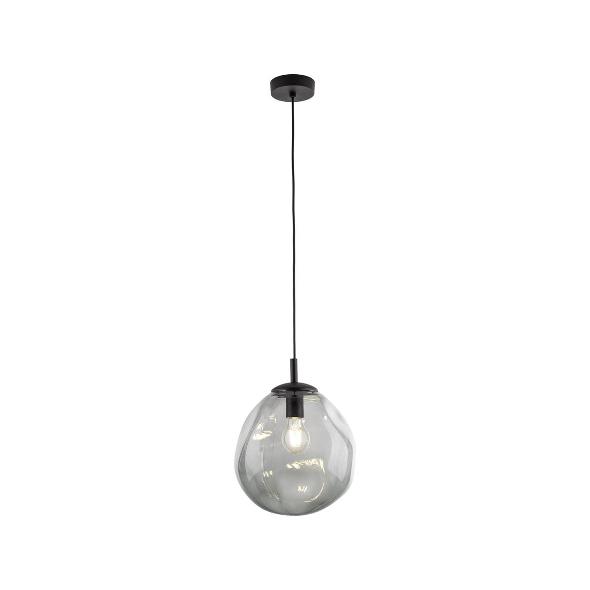 Lampa wisząca Sol D25 z pojedynczym źródłem światła E27, w kolorze czarnym i grafitowym. Szklany klosz o organicznym kształcie, zawieszony na długim przewodzie, montowany do sufitu. Prosta konstrukcja, idealna do nowoczesnych wnętrz.
