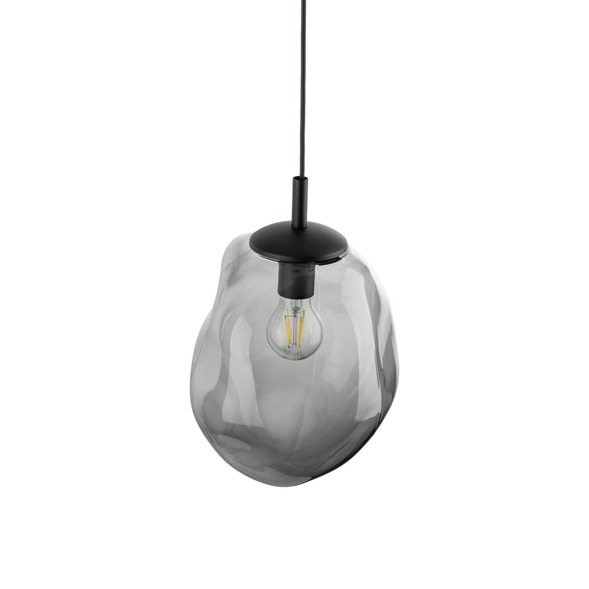 Lampa wisząca Sol D25 z żarówką E27 w czarnej i grafitowej kolorystyce. Szklany klosz o organicznym kształcie, zawieszony na cienkim przewodzie. Widoczna żarówka w środku. Idealna do nowoczesnych wnętrz.