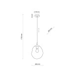 Lampa wisząca Sol D25 z oprawą na żarówkę E27, w kolorach czarnym, złotym i bursztynowym. Okrągła, szklana kula o średnicy 250 mm, zawieszona na cienkim przewodzie, w pozycji wiszącej. Wysokość całkowita wynosi 1760 mm.