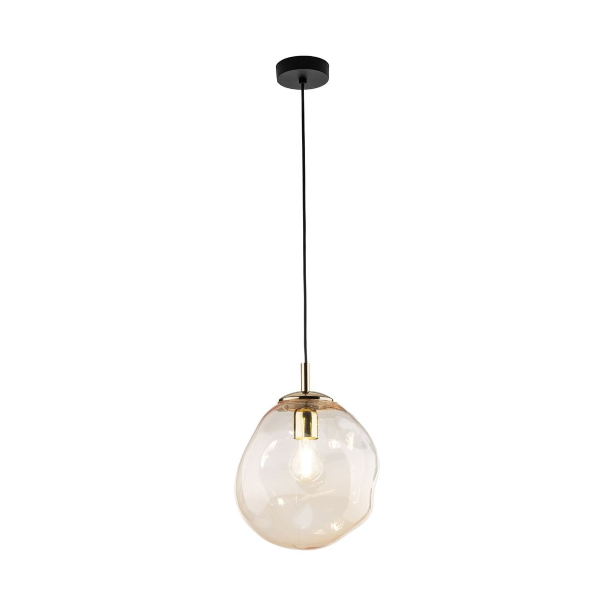 Lampa wisząca Sol D25 z pojedynczym źródłem światła E27, z czarnym przewodem i złotym mocowaniem. Szklany klosz w bursztynowym odcieniu, o organicznym kształcie, zawieszona na prostym, okrągłym wsporniku. Idealna do nowoczesnych wnętrz.