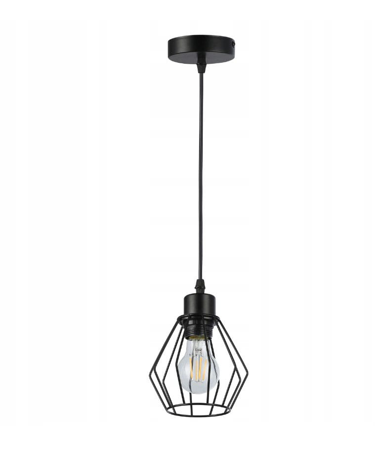 Czarna lampa wisząca Otto z oprawą na żarówkę E27. Otwarta, metalowa klatka w kształcie diamentu, zawieszona na cienkim przewodzie. Prosta konstrukcja, idealna do nowoczesnych wnętrz.