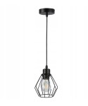 Czarna lampa wisząca Otto z oprawą na żarówkę E27. Otwarta, metalowa klatka w kształcie diamentu, zawieszona na cienkim przewodzie. Prosta konstrukcja, idealna do nowoczesnych wnętrz.
