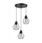 Okrągła lampa wisząca Otto z trzema oprawami E27, w czarnym kolorze. Lampa ma metalowy klosz w formie siatki, zawieszona na długich kablach. Montowana do sufitu, idealna do nowoczesnych wnętrz.