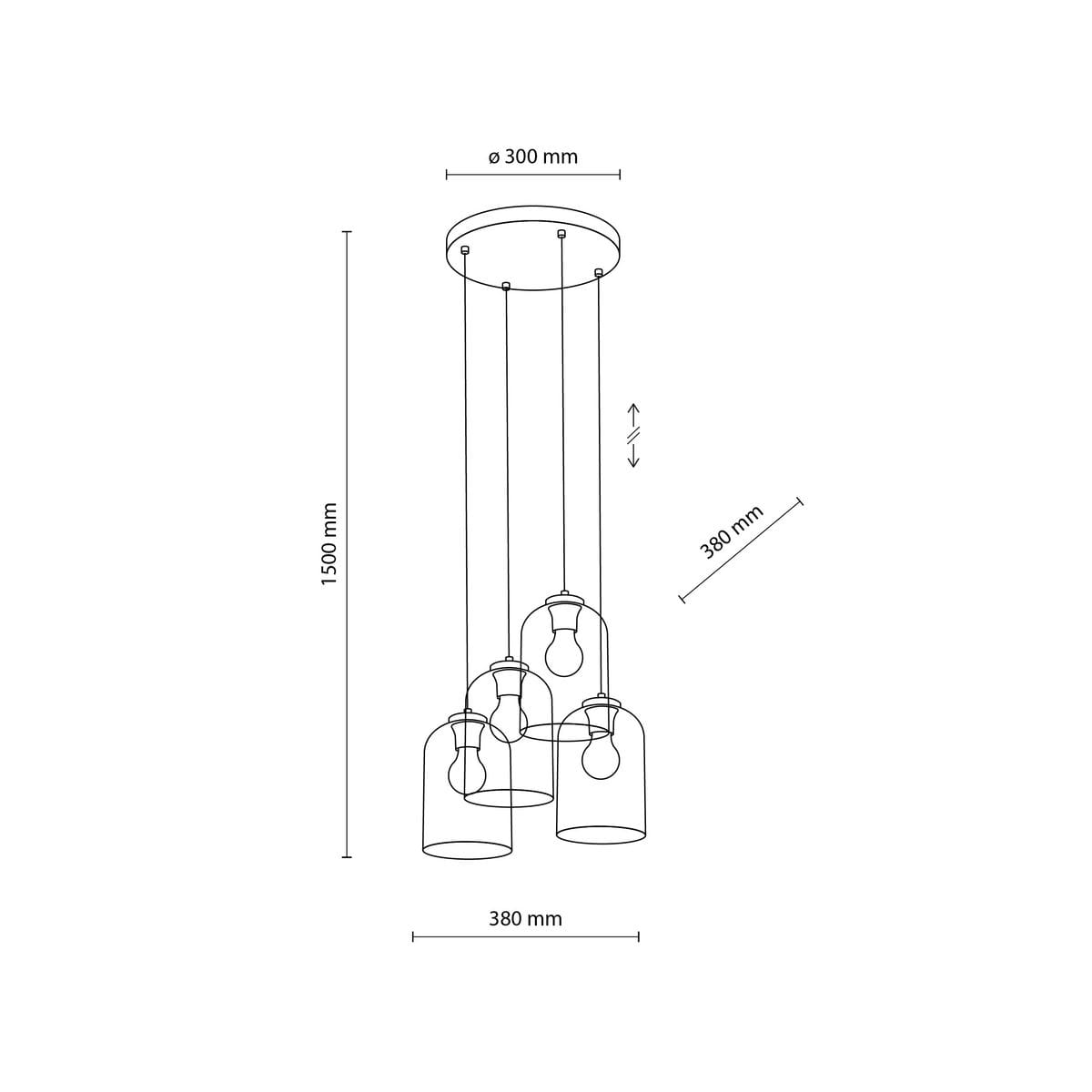 Lampa wisząca Molly z czarnym stelażem, zawieszona na trzech kablach. Posiada cztery klosze w kolorach multikolorowych. Średnica podstawy wynosi 300 mm, wysokość 1500 mm, a odległość między kloszami to 380 mm.
