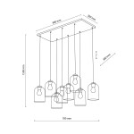 Lampa wisząca Molly z 8 miejscami na żarówki E27, w czarnej oprawie z multikolorowymi kloszami. Ujęcie z góry, pokazujące wymiary 800x300 mm oraz długość zwisu 1500 mm. Klosze w kształcie cylindrów, zawieszone na cienkich linkach.