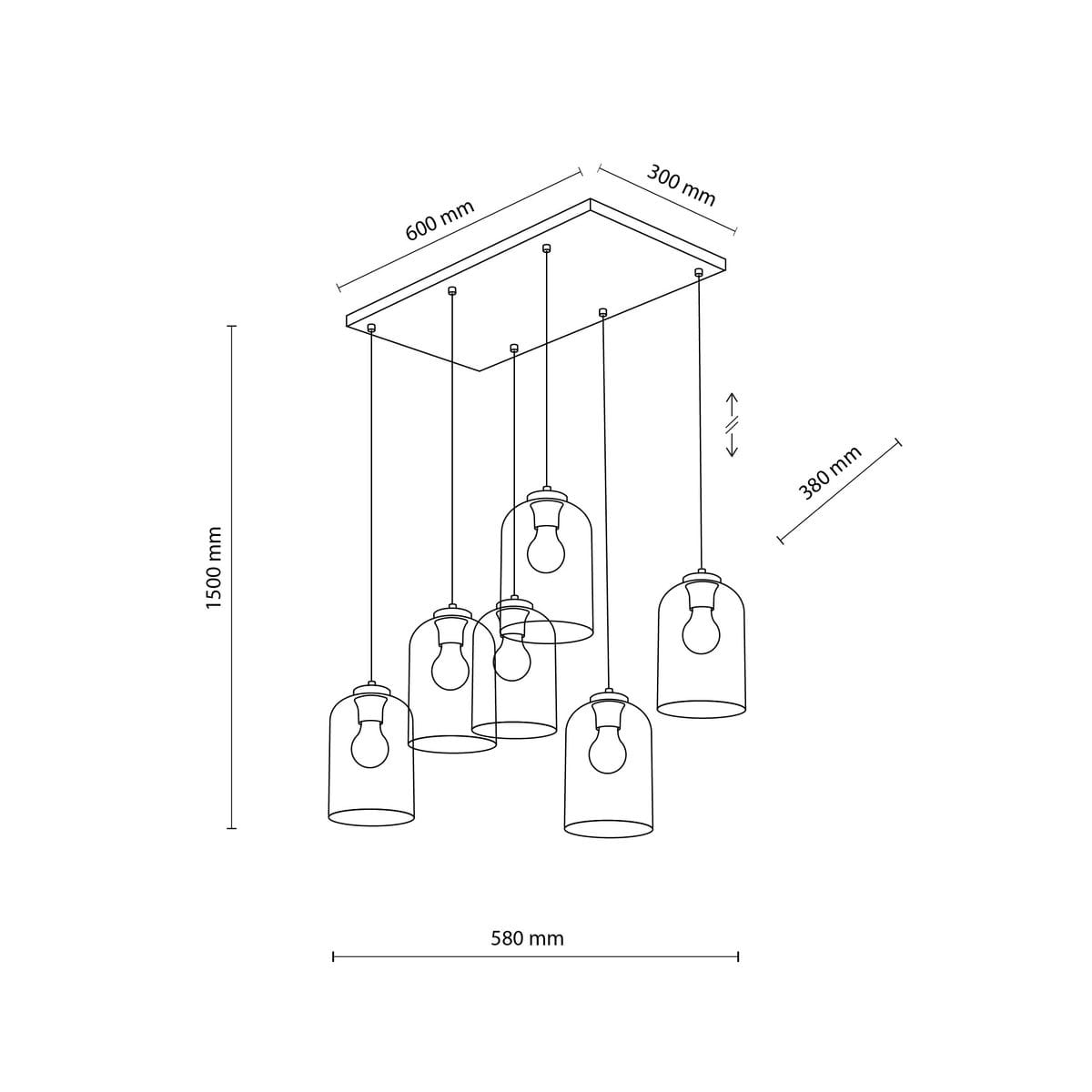 Lampa wisząca Molly z sześcioma kloszami E27 w kolorze czarnym i multikolorowym. Ujęcie z góry, z widoczną prostokątną podstawą (600x300 mm) oraz kloszami zawieszonymi na różnych wysokościach (380 mm). Całkowita długość: 1500 mm.