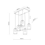 Lampa wisząca Molly z sześcioma kloszami E27 w kolorze czarnym i multikolorowym. Ujęcie z góry, z widoczną prostokątną podstawą (600x300 mm) oraz kloszami zawieszonymi na różnych wysokościach (380 mm). Całkowita długość: 1500 mm.