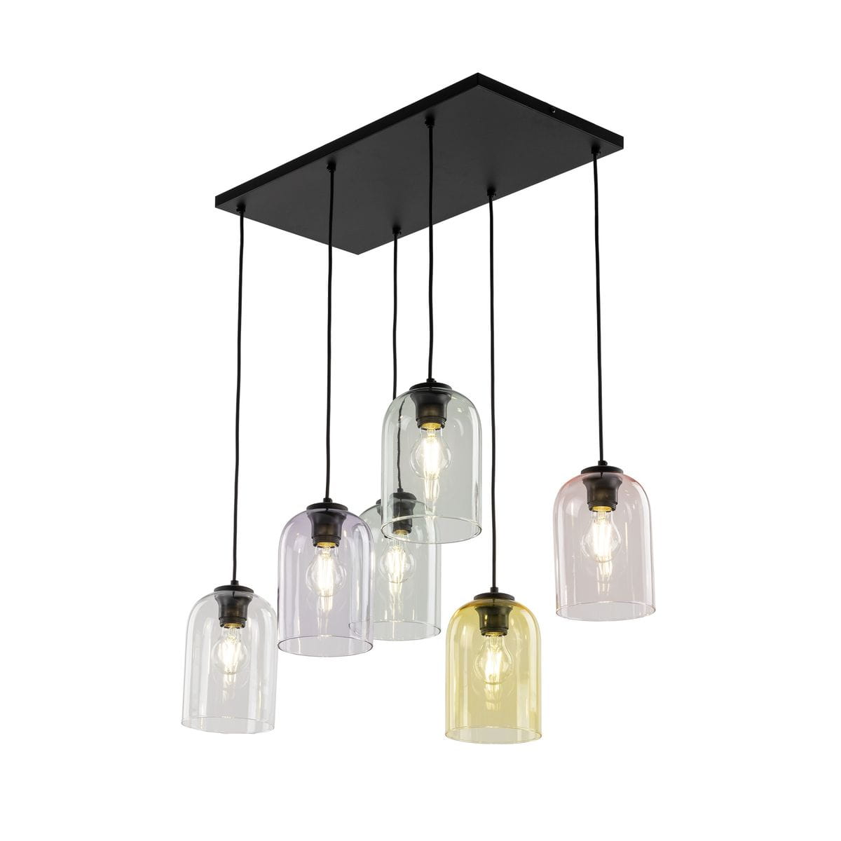 Lampa wisząca Molly z sześcioma kloszami w kolorze czarnym i multikolorowym. Klosze w kształcie dzwonu z przezroczystego szkła w odcieniach fioletu, zieleni i żółci, zawieszone na cienkich linkach z czarną podstawą.