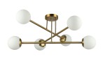 Lampa sufitowa Bali w kolorze złotym, z sześcioma okrągłymi kloszami z białego szkła. Ułożona w formie rozłożystej, z metalowymi ramionami i centralnym mocowaniem. Klosze umieszczone są na różnych poziomach, co podkreśla nowoczesny design.