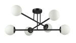 Czarna lampa sufitowa Bali z sześcioma oprawami na żarówki E27. Okrągłe, białe klosze z matowego szkła umieszczone na czarnych, metalowych ramionach. Ujęcie z dołu, ukazujące całą konstrukcję lampy.