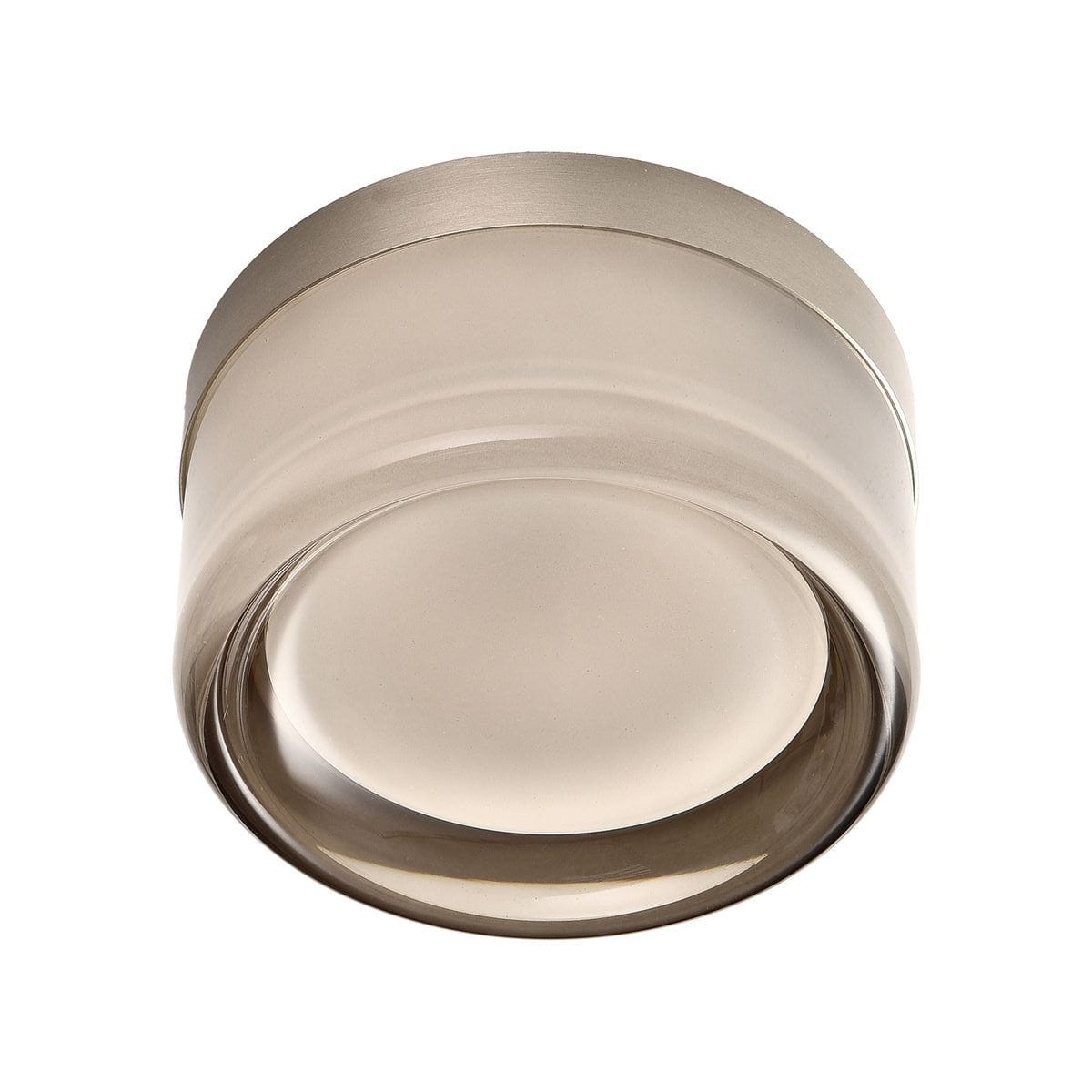 Lampa sufitowa Candy, 1xLED/3,8W, w kolorze niklu i szarości. Okrągła, z przezroczystym kloszem w odcieniu smoky. Ujęcie z góry, montowana na suficie, z eleganckim wykończeniem. Idealna do nowoczesnych wnętrz.