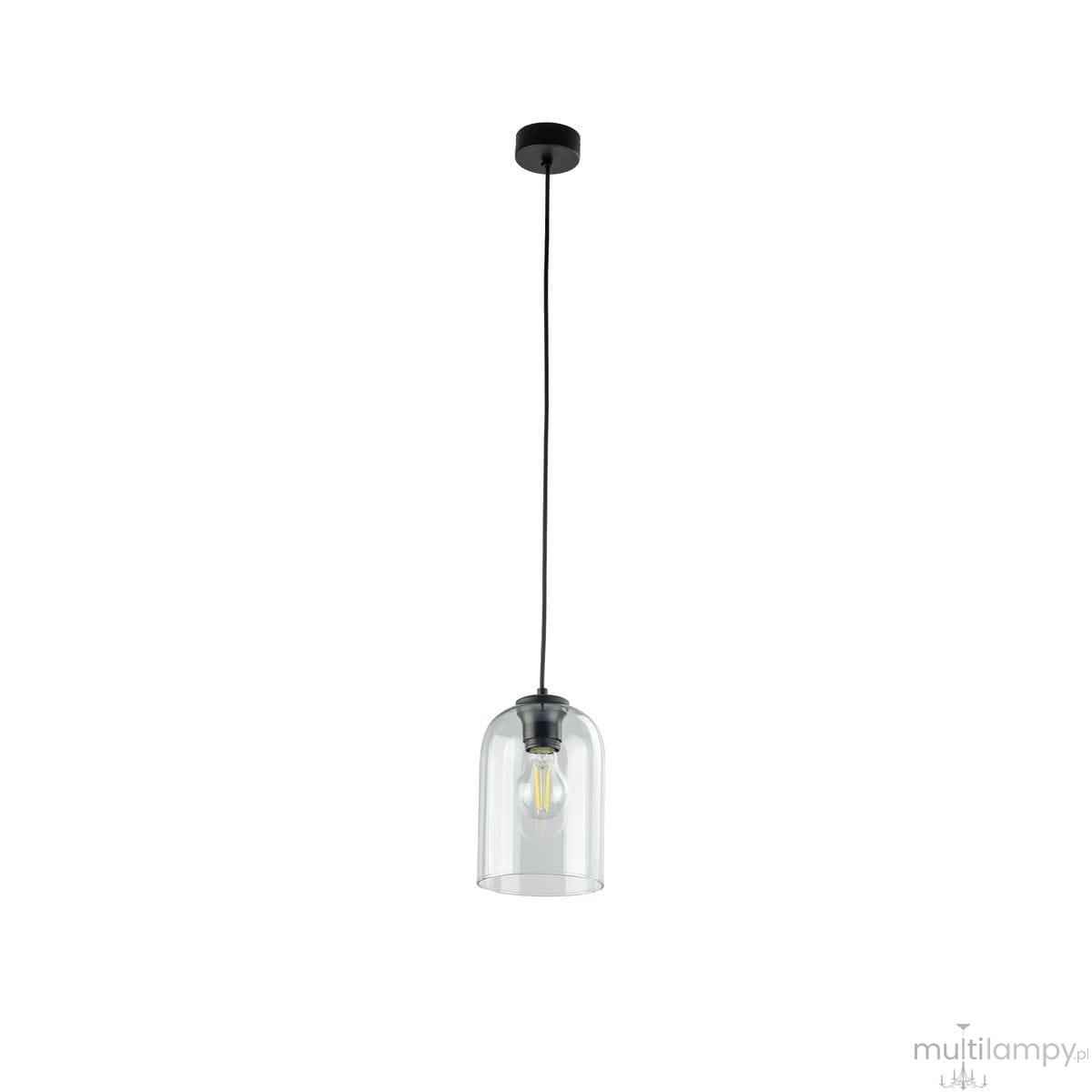 Lampa wisząca Molly z jednym gniazdem E27, w czarnej oprawie z przezroczystym kloszem. Zawieszona na cienkim, czarnym przewodzie, idealna do nowoczesnych wnętrz. Klosz ma kształt dzwonu, eksponując źródło światła.